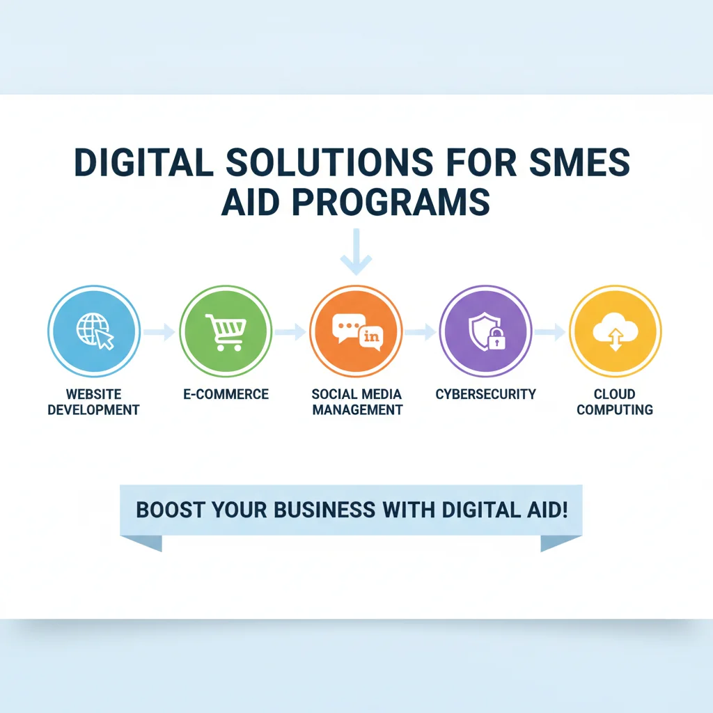Infografía detallada con categorías de soluciones digitales para pymes: web, e-commerce, ciberseguridad y nube.