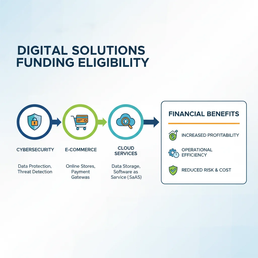 Infografía detallada de soluciones digitales subvencionables: ciberseguridad, e-commerce, cloud, BI, con beneficios económicos.