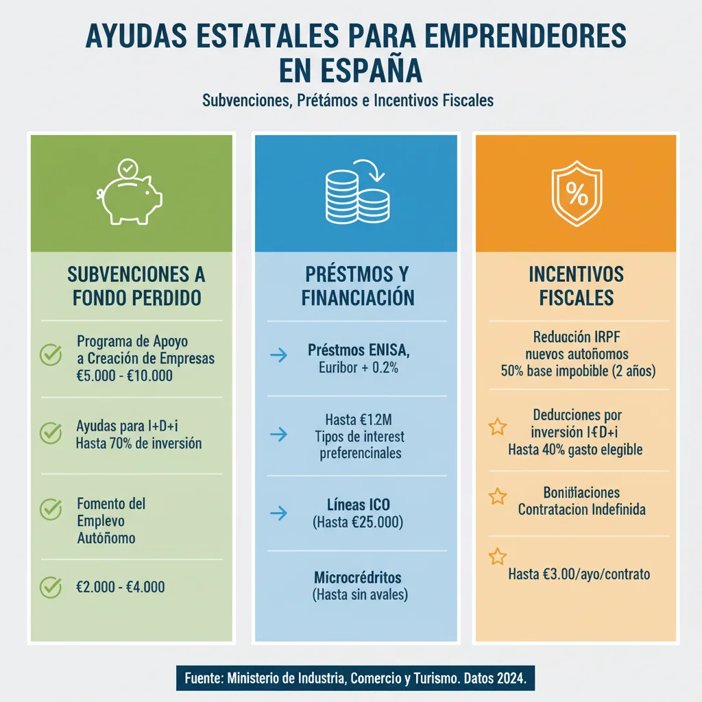 Infografía detallada sobre los tipos de ayudas estatales disponibles para emprendedores en España.