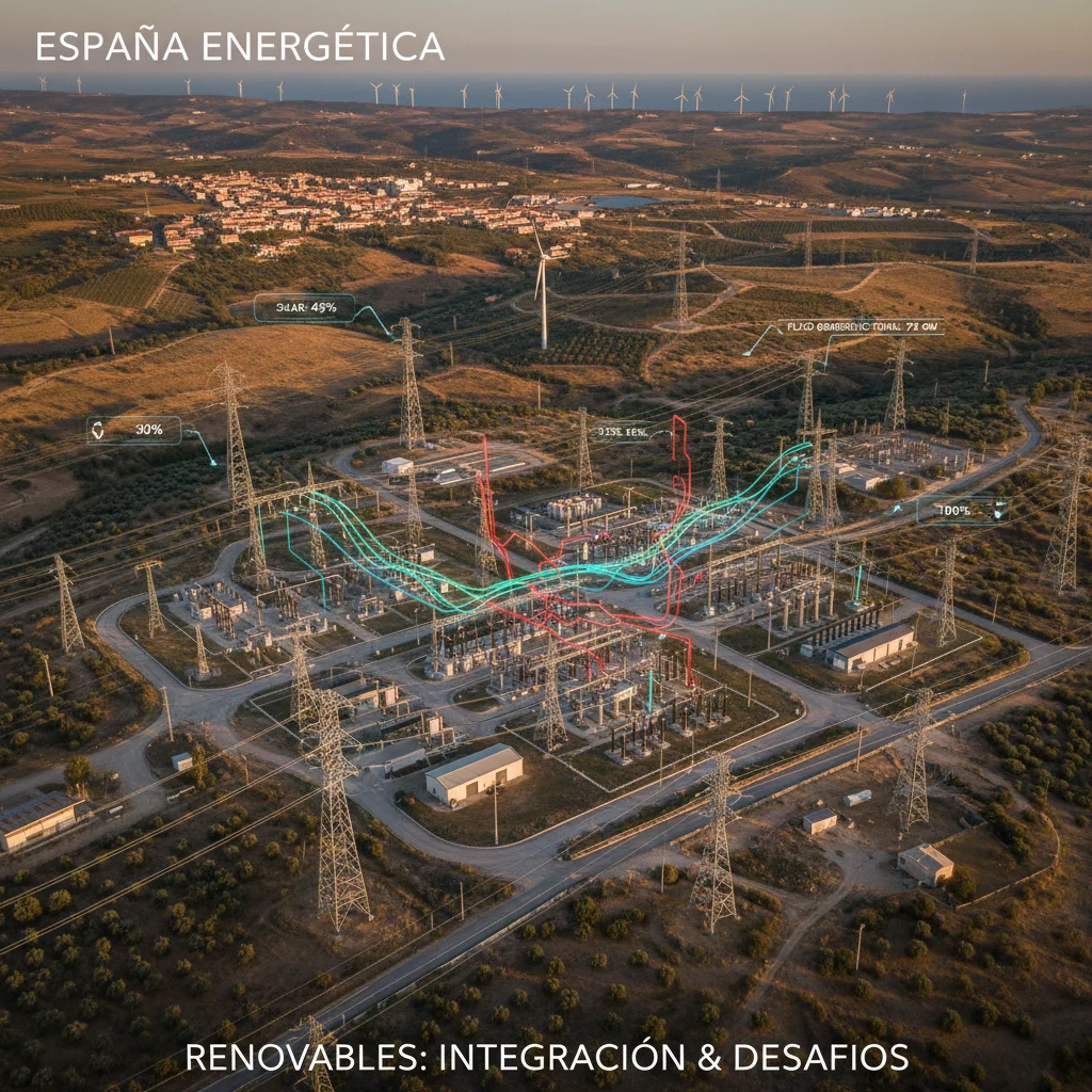 Infraestructura eléctrica compleja con líneas de alta tensión, representando la integración de renovables en la red española.