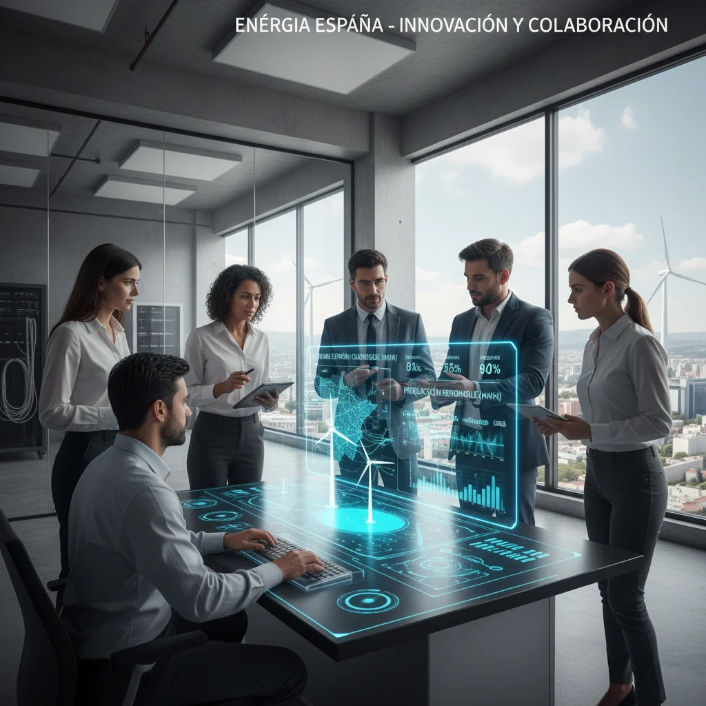 Profesionales colaborando con un panel digital de datos energéticos, simbolizando la innovación en el sector energético español.