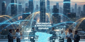 Profesionales colaborando frente a una proyección holográfica, simbolizando innovación y estrategia empresarial en España para el 2026.
