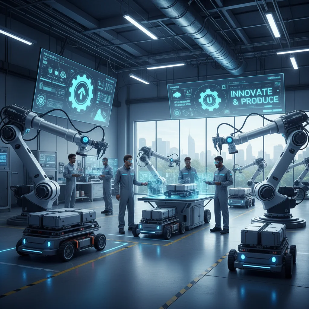 Robots y trabajadores humanos colaborando en una fábrica moderna, representando la innovación y productividad industrial.
