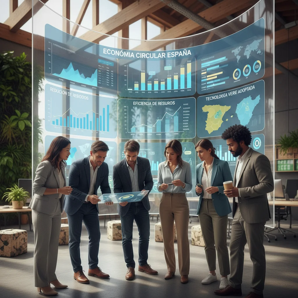 Profesionales discutiendo estrategias de economía circular y sostenibilidad en una oficina moderna en España.