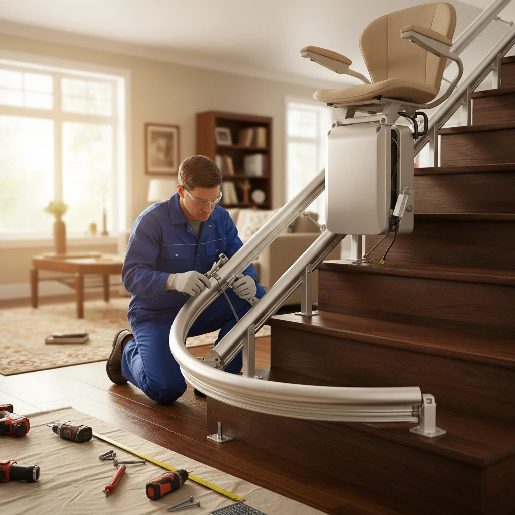 Instalación de una silla salvaescaleras moderna en una escalera de madera dentro de una casa.