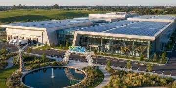 Instalación industrial moderna con paneles solares, simbolizando gestión sostenible de residuos y cumplimiento ambiental.