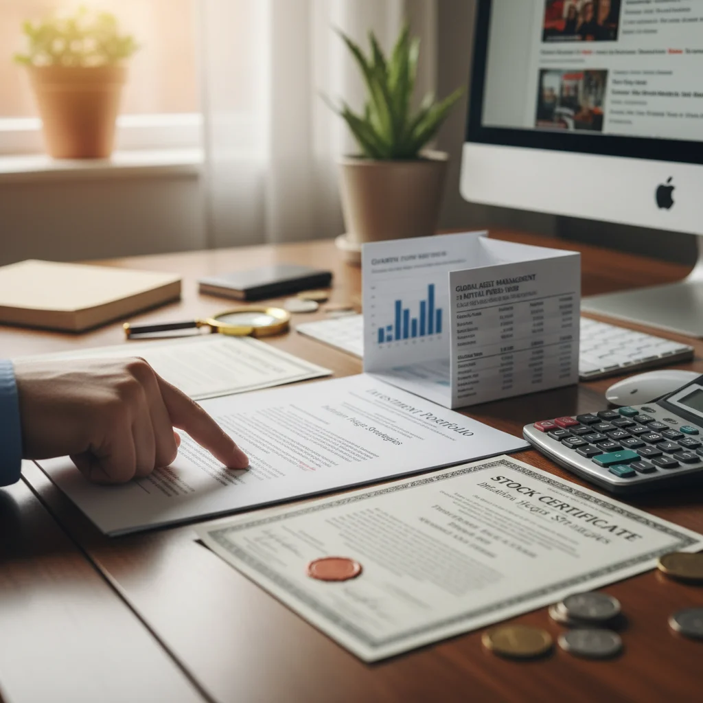 Primer plano de instrumentos financieros y documentos de inversión sobre un escritorio, indicando planificación estratégica para proteger el capital.