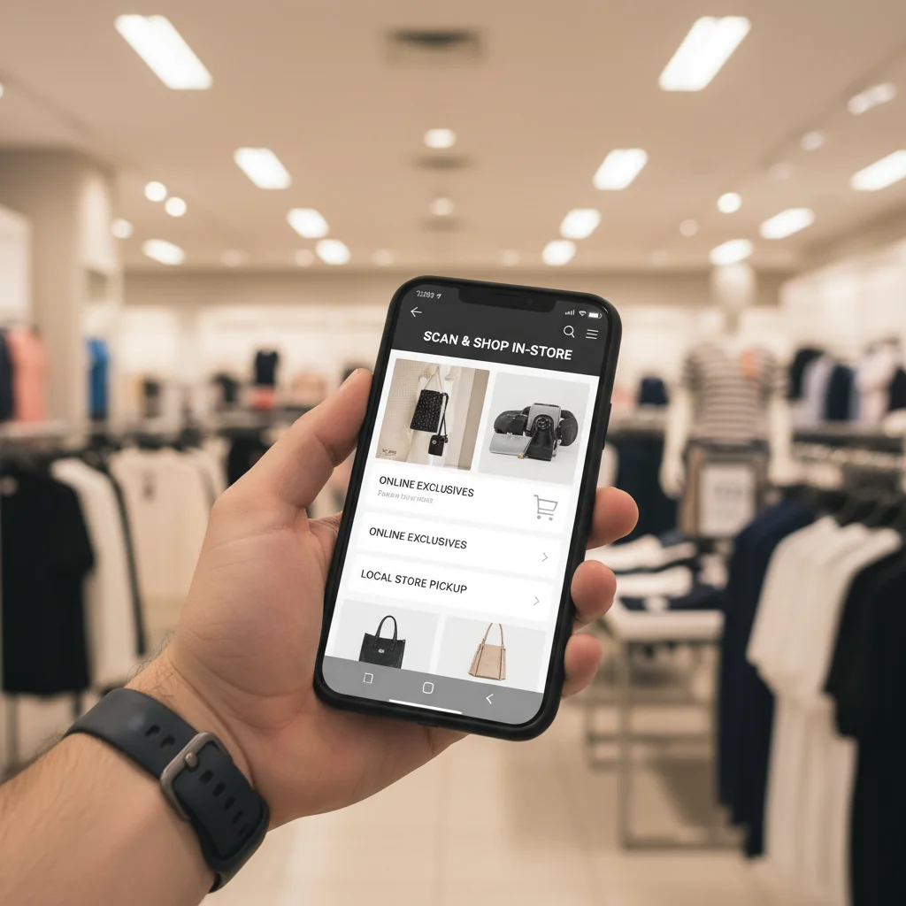 Mano utilizando un smartphone con una plataforma de e-commerce, representando la integración de canales de venta.