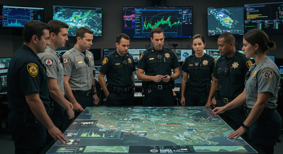 Emergency responders collaborating in a command center, demonstrating integrated federal response strategies.
