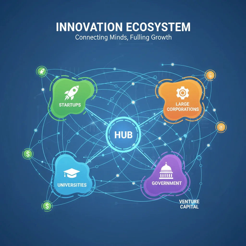 Diagrama digital mostrando la interconexión de actores en un ecosistema de innovación.