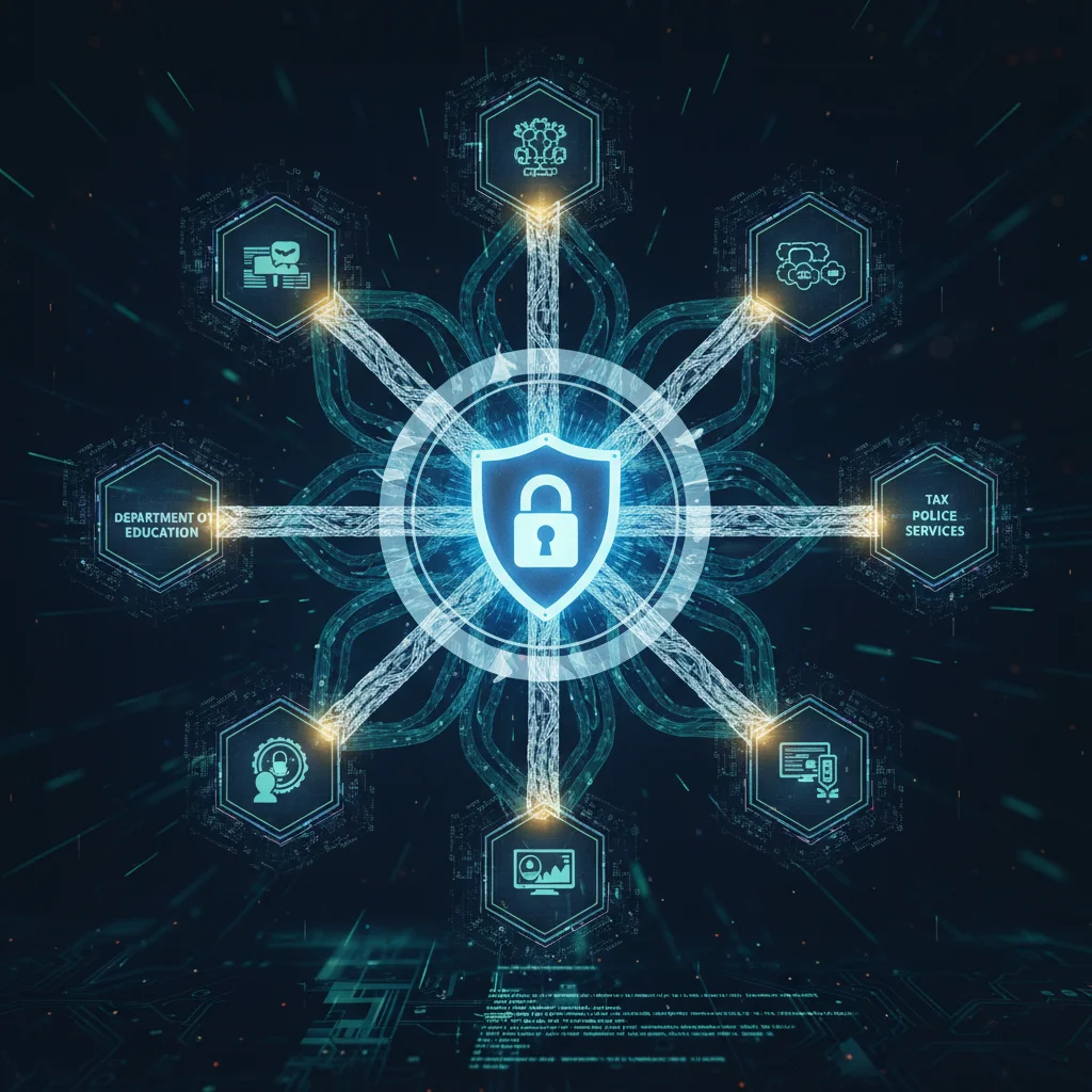 Red interconectada de dispositivos digitales y flujos de datos que representan la interoperabilidad y seguridad en la administración pública.