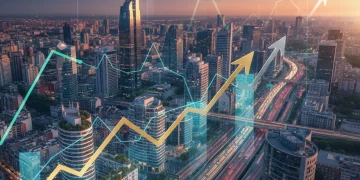 Panorama urbano moderno con gráficos financieros, representando la inversión extranjera y el crecimiento económico en España.