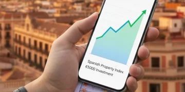 Inversión inmobiliaria digital en España, mostrando un teléfono con gráficos financieros y billetes de euro.