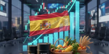 Metales preciosos, petróleo y productos agrícolas sobre un gráfico financiero, representando la inversión en materias primas en España.