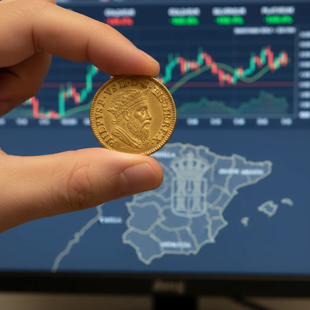 Mano sosteniendo una moneda de oro con gráficos financieros de fondo, simbolizando la inversión en metales preciosos.