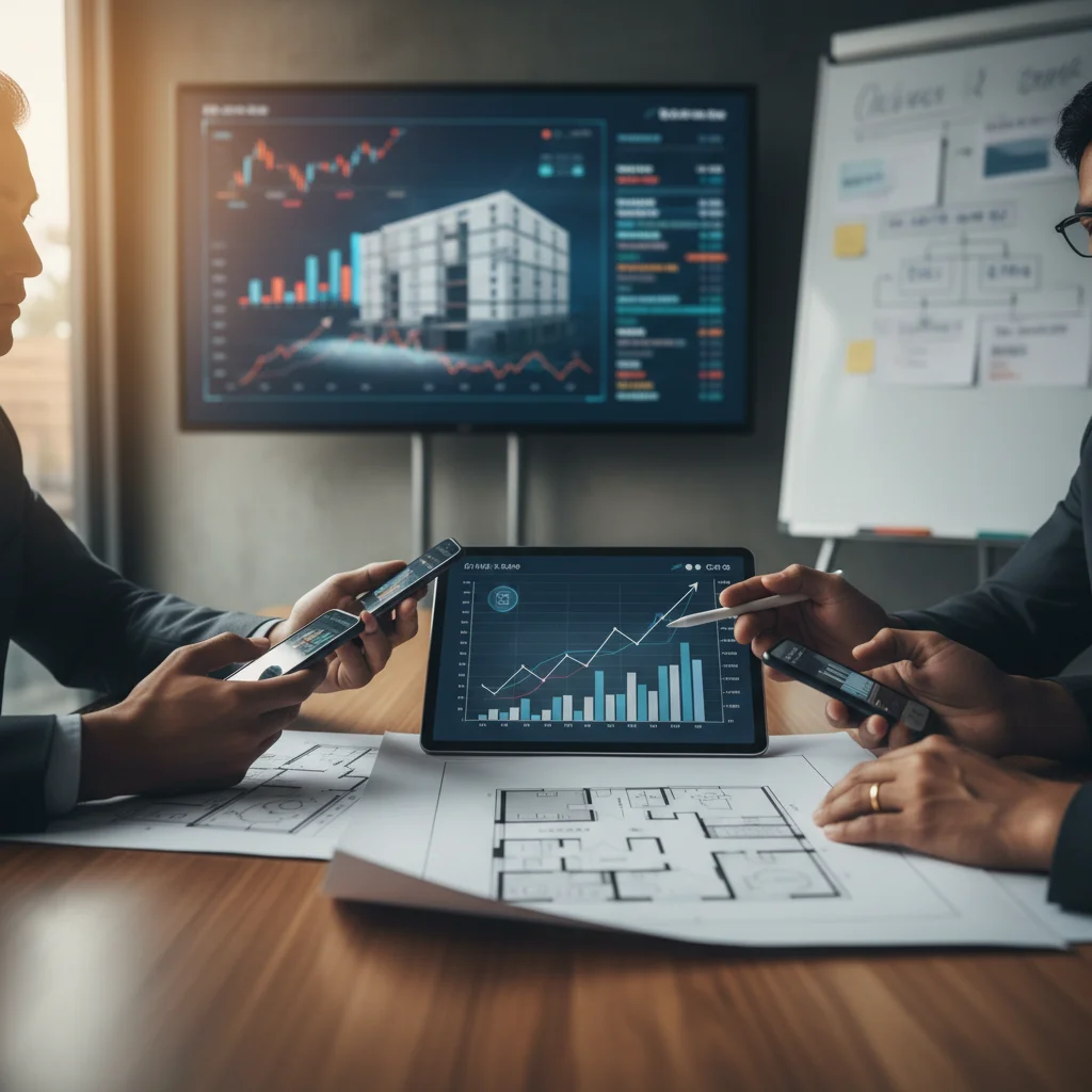 Manos de inversores analizando propuesta de proyecto inmobiliario con gráficos financieros y planos de construcción.