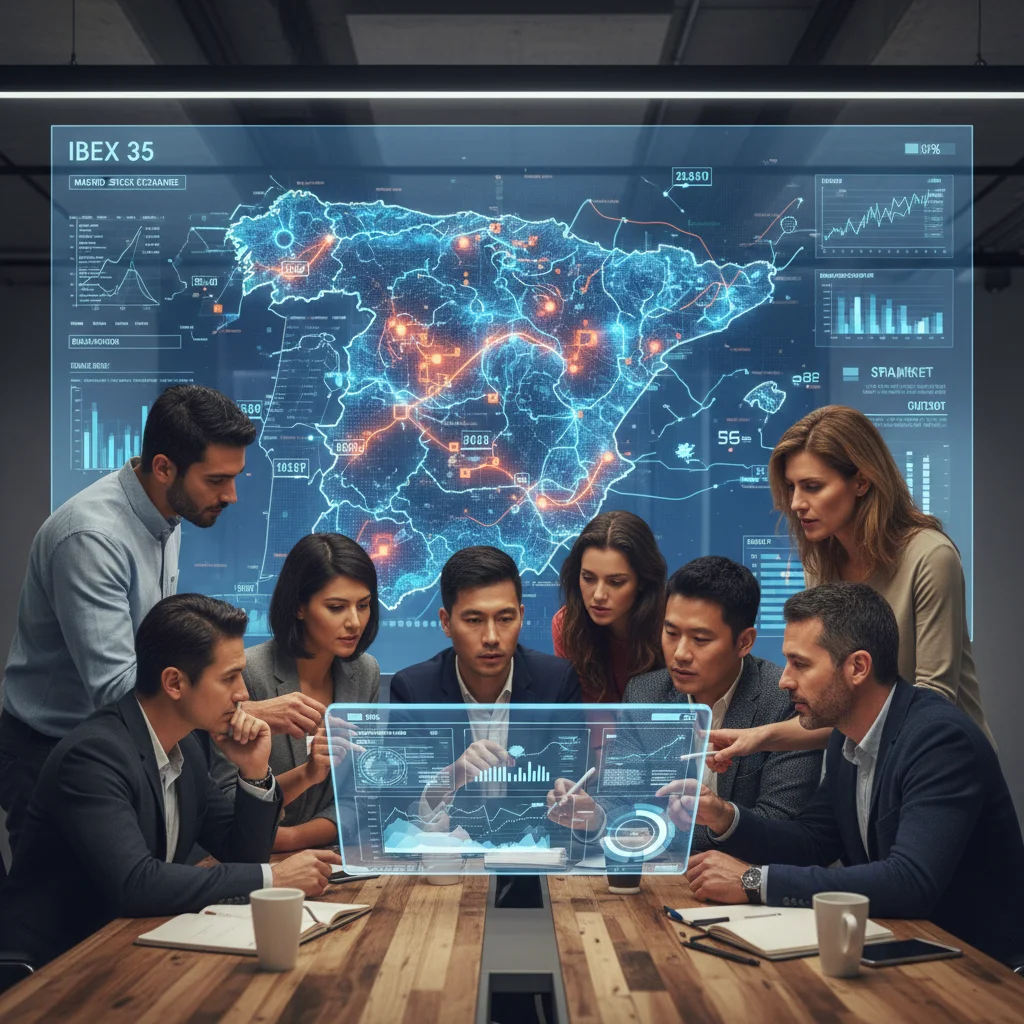 Inversores analizando datos en una tableta, discutiendo estrategias de inversión en España.