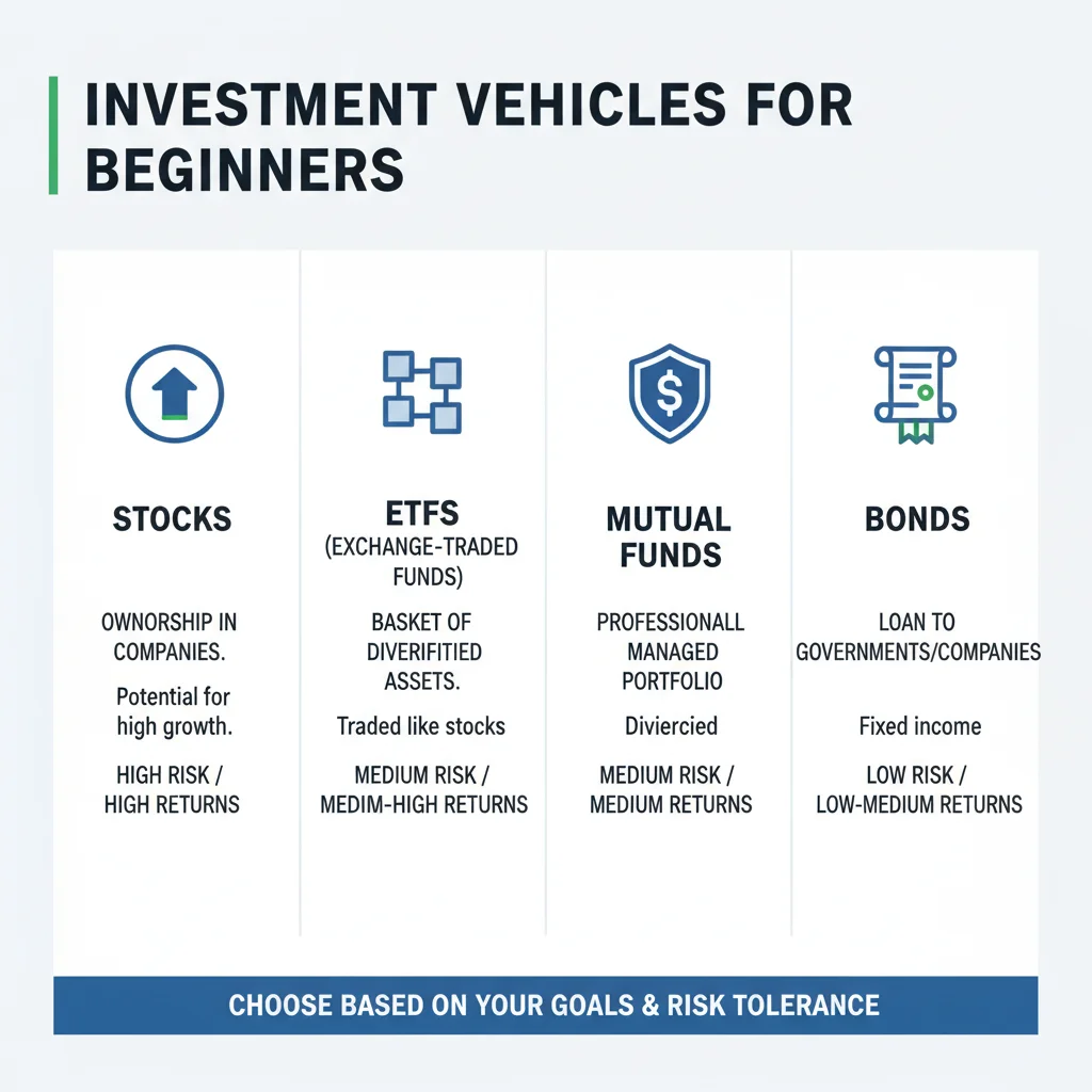 Infographic comparing various investment vehicles like stocks, ETFs, and mutual funds for beginner investors.
