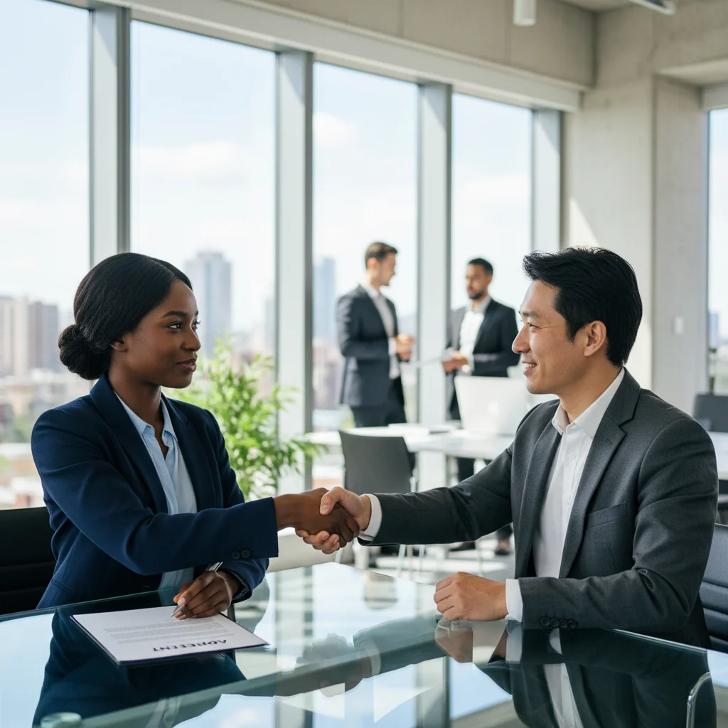 Successful job negotiation between two professionals, symbolizing a new career opportunity and salary agreement