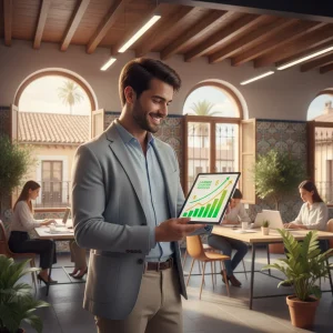 Joven sonriente revisando oportunidades laborales y beneficios económicos en una tablet, representando las ayudas al empleo joven en España 2026.