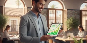 Joven sonriente revisando oportunidades laborales y beneficios económicos en una tablet, representando las ayudas al empleo joven en España 2026.