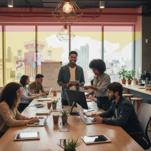 Jóvenes emprendedores colaborando en un espacio de coworking, simbolizando el apoyo estatal al emprendimiento innovador en España.