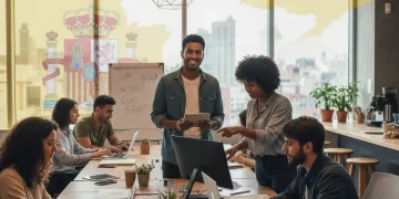 Jóvenes emprendedores colaborando en un espacio de coworking, simbolizando el apoyo estatal al emprendimiento innovador en España.
