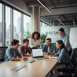 Jóvenes profesionales colaborando en una oficina moderna, simbolizando las oportunidades de empleo y las ayudas a la contratación.