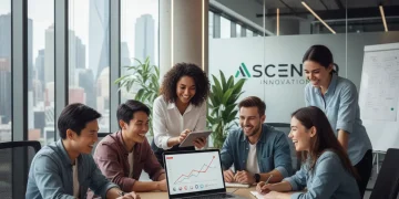 Jóvenes profesionales colaborando en una oficina moderna, simbolizando las oportunidades de empleo y las ayudas a la contratación.