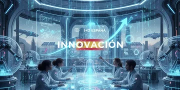 Laboratorio futurista con científicos investigando, representando la inversión en I+D en España.