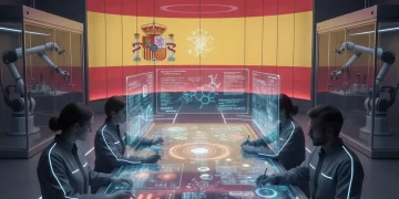 Laboratorio futurista con científicos investigando, representando la inversión en I+D en España.