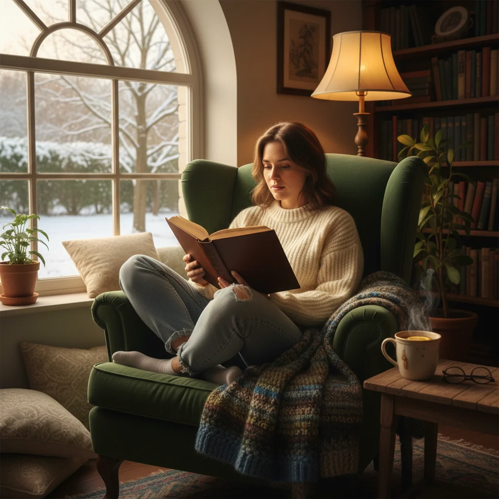 Persona leyendo un libro físico en un sillón, promoviendo actividades sin pantalla.