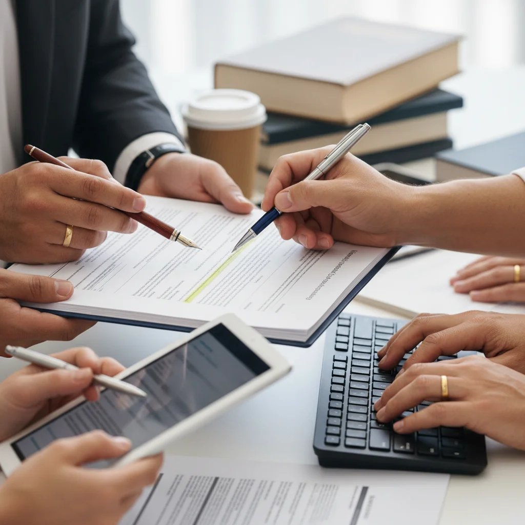 Diverse hands analyzing legal documents related to labor law updates.