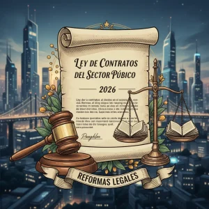 Documento legal con martillo y balanza de justicia, representando la Ley de Contratos del Sector Público 2026