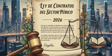 Documento legal con martillo y balanza de justicia, representando la Ley de Contratos del Sector Público 2026
