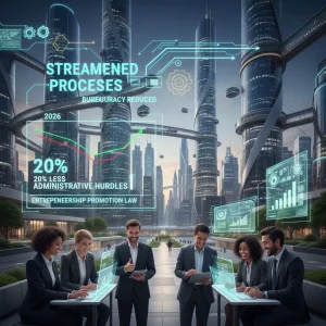 Emprendedores celebrando la reducción de trámites burocráticos gracias a la Ley de Fomento del Emprendimiento 2026, con gráficos digitales y una ciudad moderna de fondo.