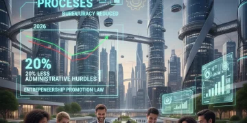 Emprendedores celebrando la reducción de trámites burocráticos gracias a la Ley de Fomento del Emprendimiento 2026, con gráficos digitales y una ciudad moderna de fondo.