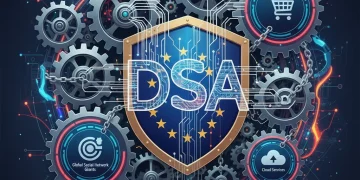 Ilustración digital de la Ley de Servicios Digitales (DSA) de la UE con engranajes y flujos de datos, simbolizando la regulación y plataformas online.