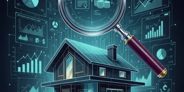Casa con lupa y gráficos financieros, representando el análisis de la nueva Ley de Vivienda y sus efectos fiscales.