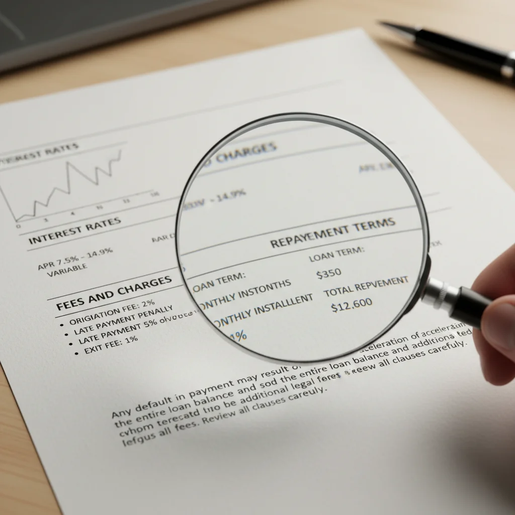 Magnifying glass over student loan agreement fine print