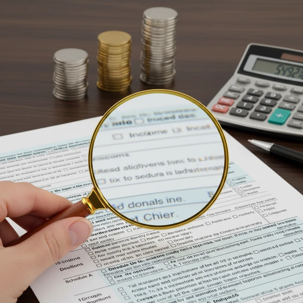 Mano con lupa examinando formulario de impuestos y finanzas