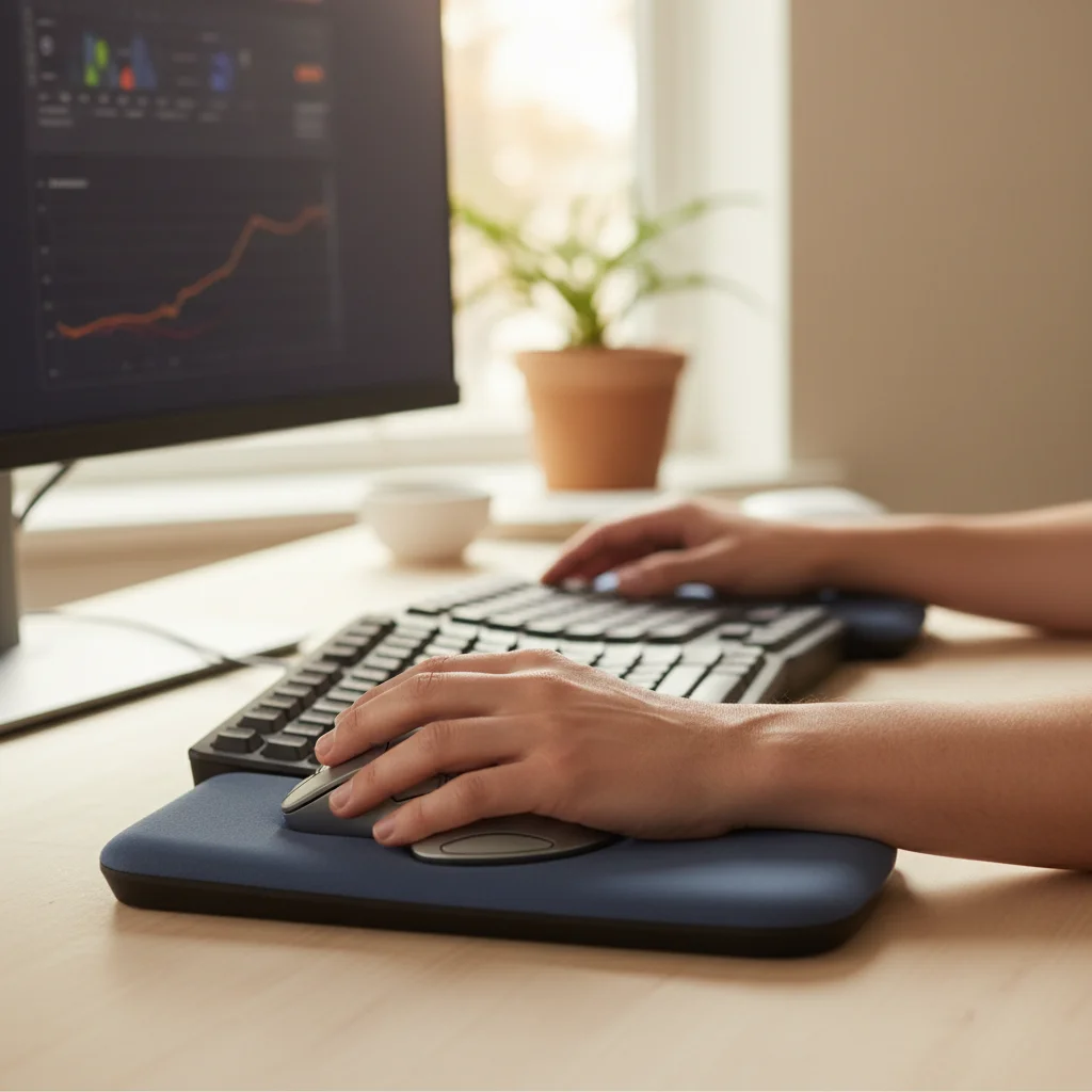 Mano posicionada correctamente sobre mouse y teclado ergonómicos con reposamuñecas, mostrando una postura saludable.