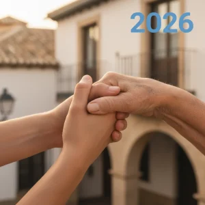 Mano solidaria sosteniendo la de un mayor, simbolizando las ayudas a la dependencia en España 2026.