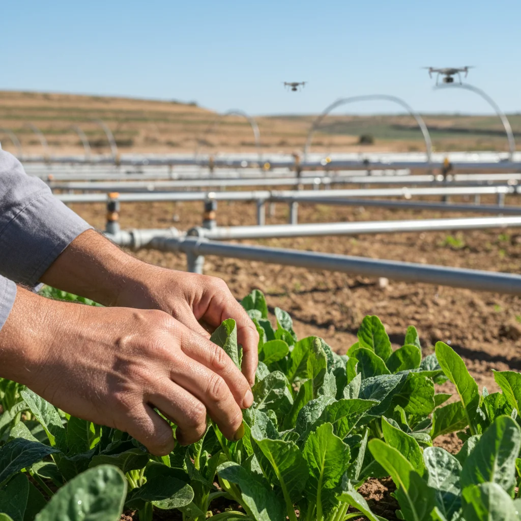 Manos de agricultor cuidando cultivos, con sistemas de riego avanzados de fondo, simbolizando sostenibilidad.