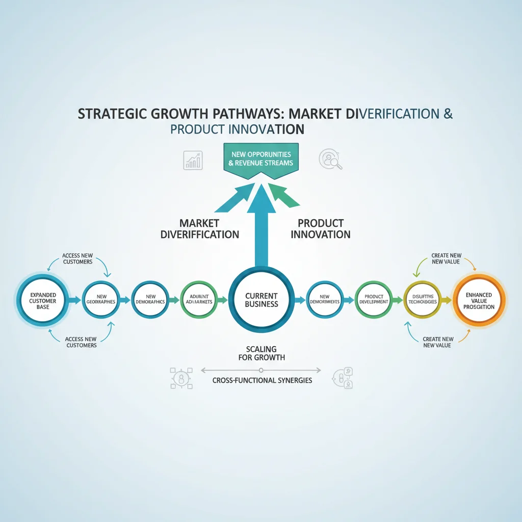 Infographic showing strategic market diversification and product innovation paths for small business scaling.