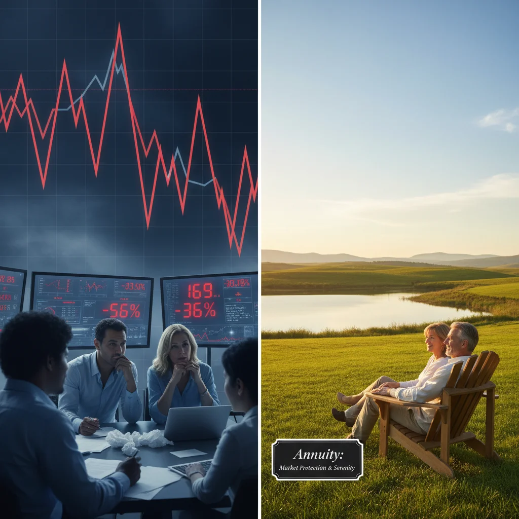 Contrasting images of market volatility and peaceful retirement, symbolizing annuity protection.