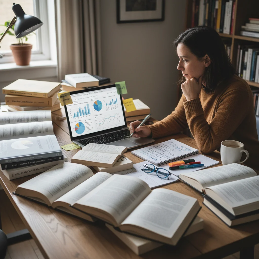 Individual conducting thorough market research for a career change, analyzing job data and industry reports