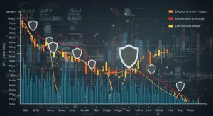 Financial charts showing market volatility and a shield representing hedging strategies for US portfolios.