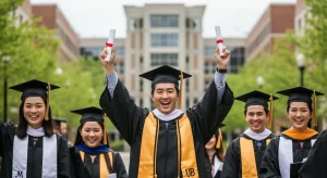 Graduates celebrating on a US university campus, symbolizing educational investment success.