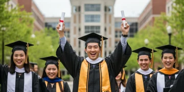 Graduates celebrating on a US university campus, symbolizing educational investment success.
